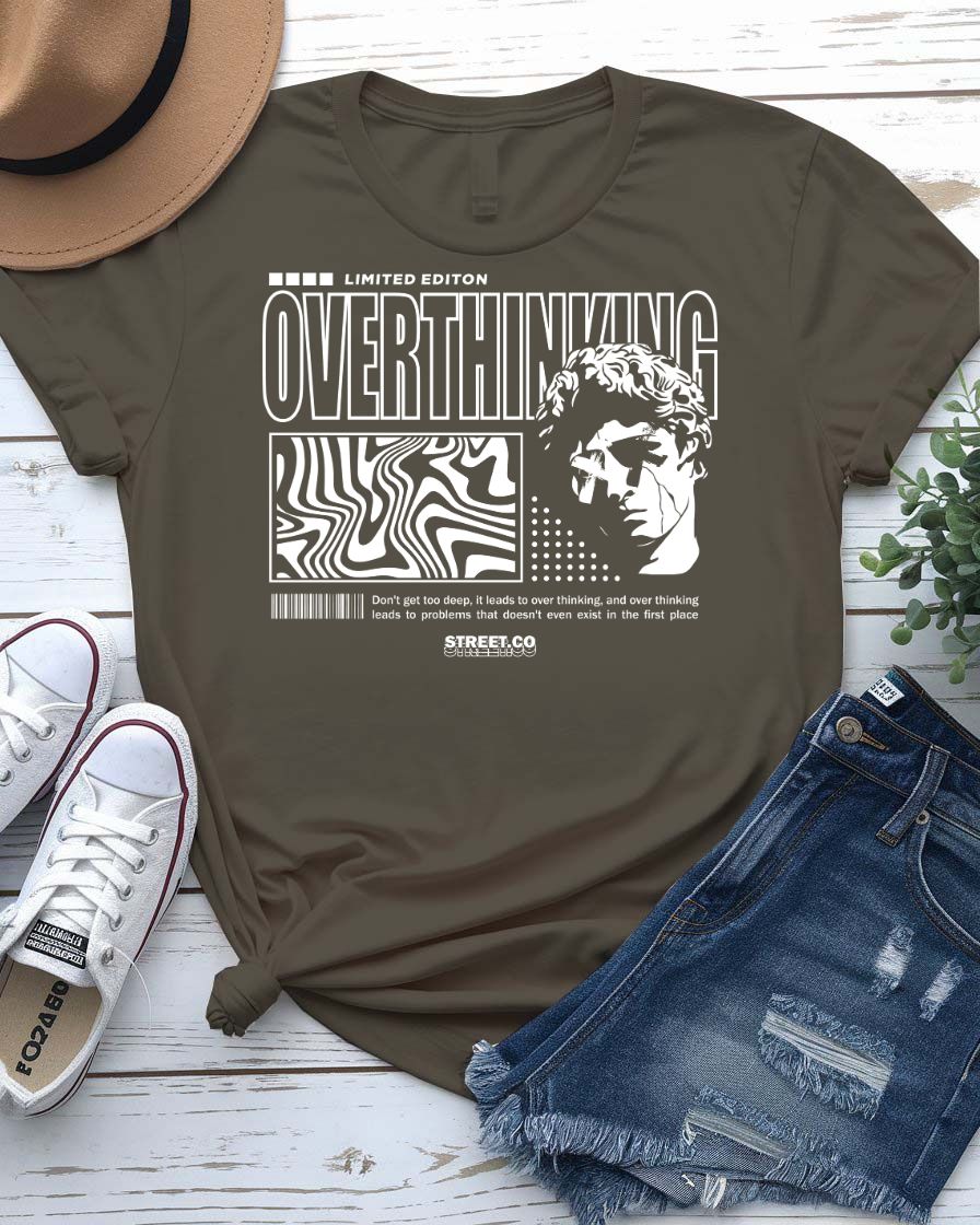 Overthinking Urban Style Tee with tangled brain spiral graphic on model