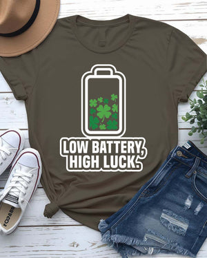 Low Battery High Luck St. Patrick's Day Tee with 2% shamrock phone on model