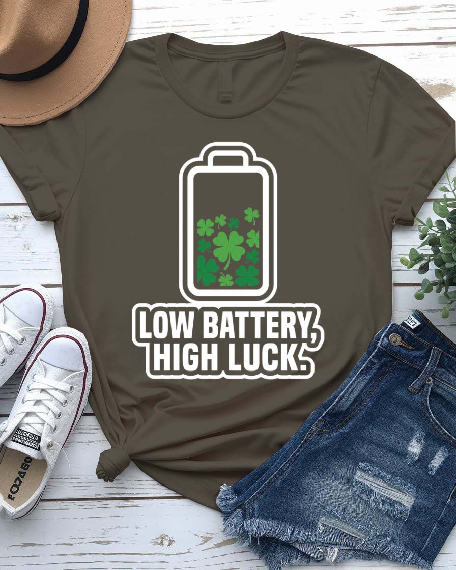 Low Battery High Luck St. Patrick's Day Tee with 2% shamrock phone on model