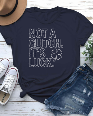 Not a Glitch It's Luck St. Patrick's Day Tee with shamrock error message on model