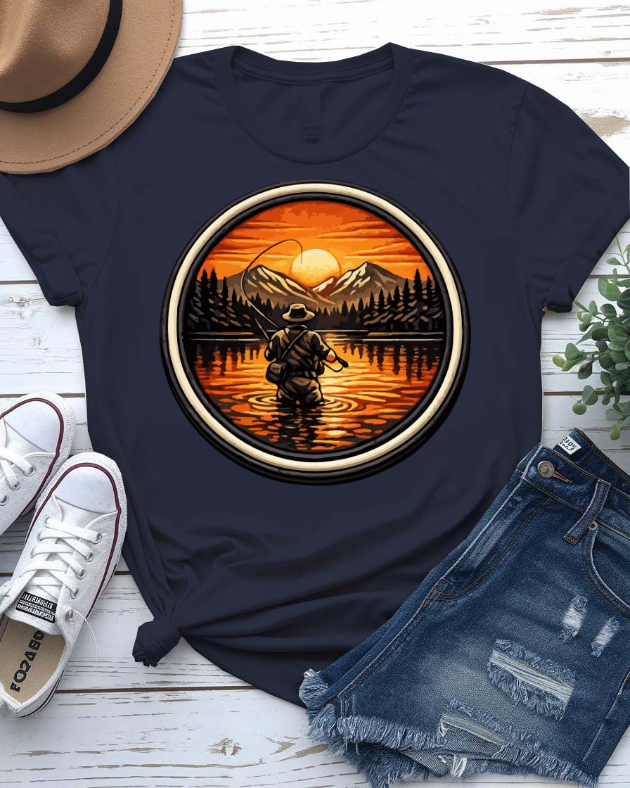 Fly fishing adventure tee angler mid-cast mountain river graphic