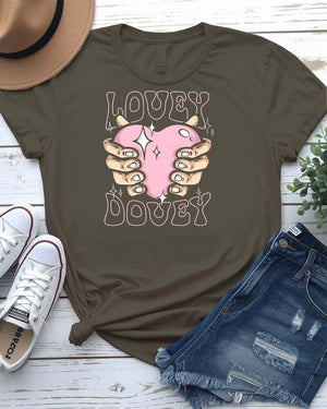 Lovely Dovey streetwear tee with minimalist heart graphic on couple