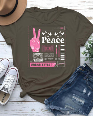 Peace urban graphic tee with deconstructed peace symbol on model