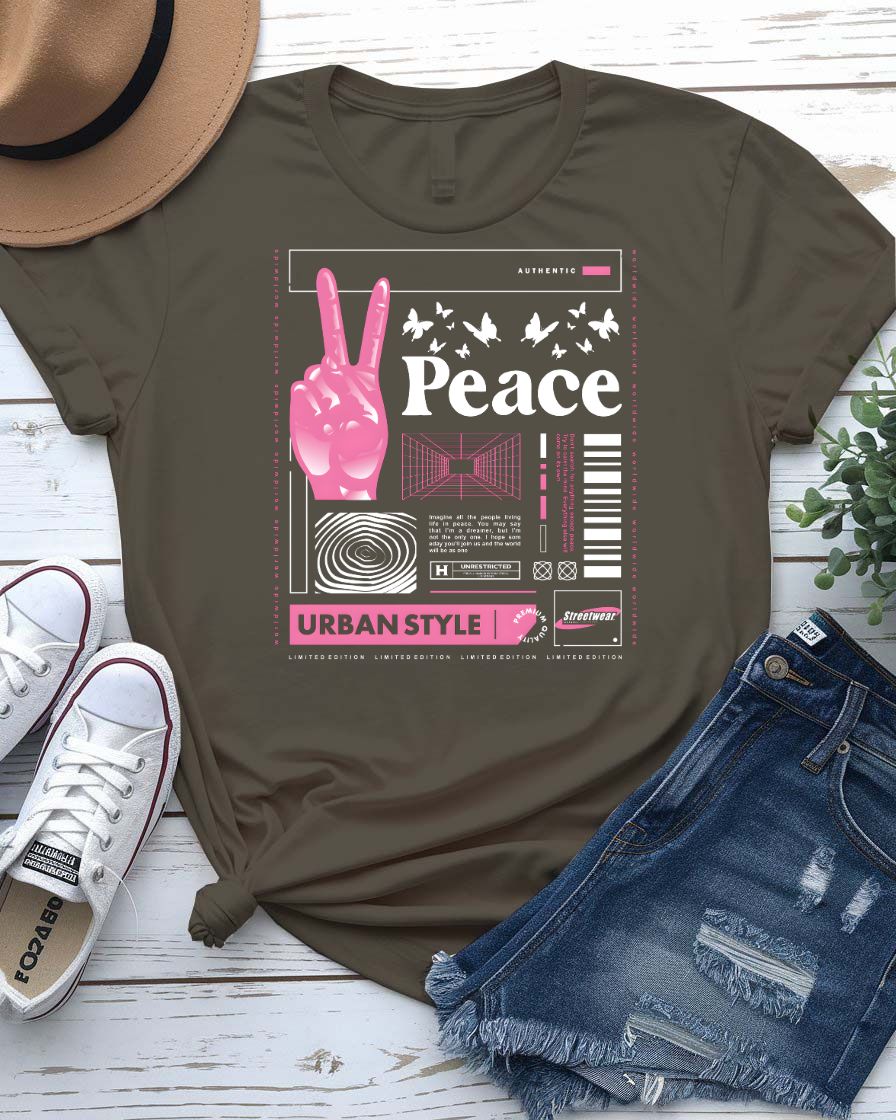 Peace urban graphic tee with deconstructed peace symbol on model