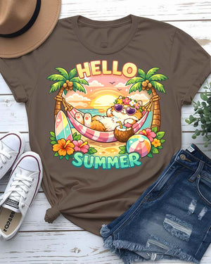 Hello cat summer tee waving kitty with sunshine graphic