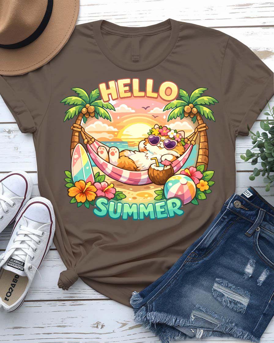 Hello cat summer tee waving kitty with sunshine graphic