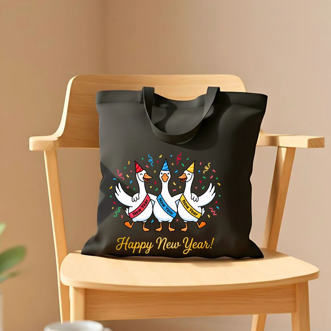 Funny Goose Meme "Happy New Year" Tote Bag for 2025