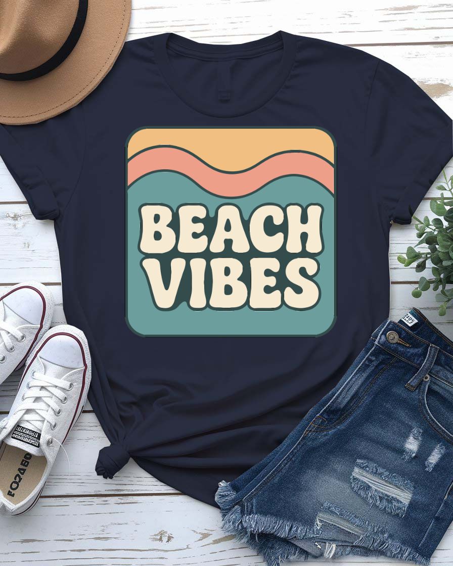 Beach vibes tee smiling sun with rays coastal graphic
