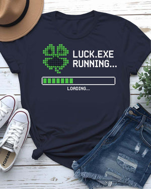 Luck.exe St. Patrick's Day Tee with terminal window design on model