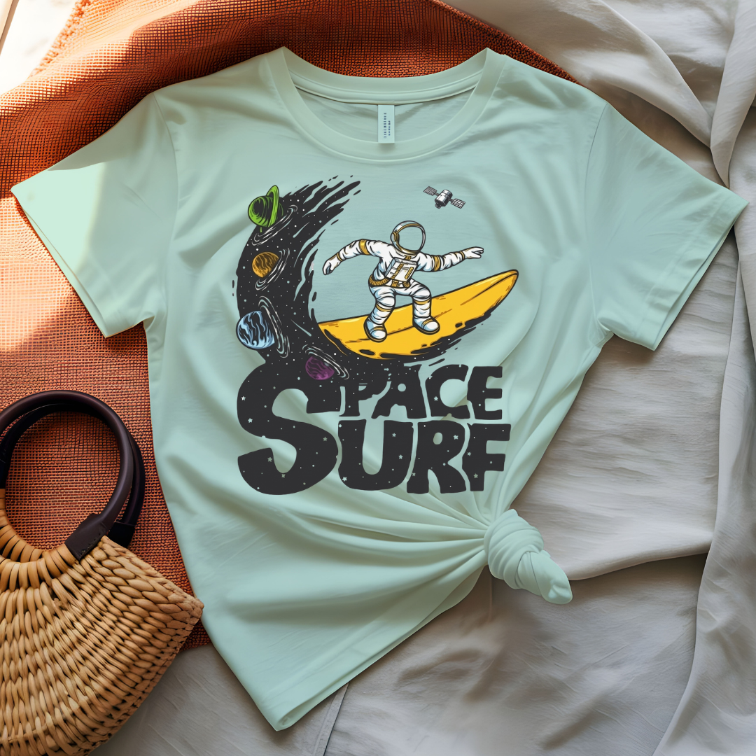 Space Surf Tee with astronaut surfing on a cosmic wave