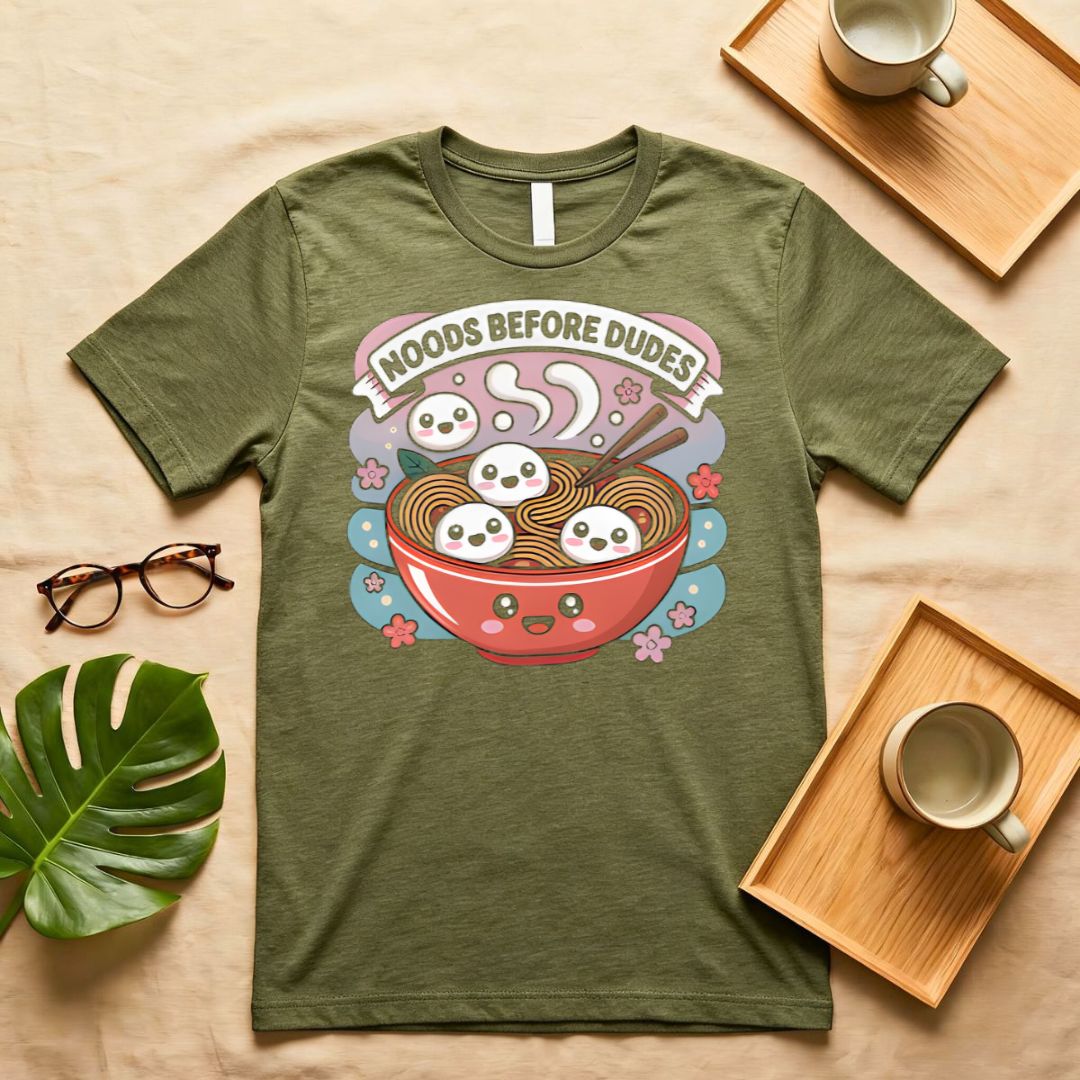Noods Before Dudes Funny Ramen Graphic T-Shirt on Model