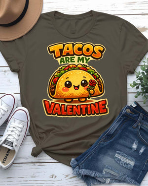 Tacos Valentine Tee with a smiling cartoon taco and punny love text