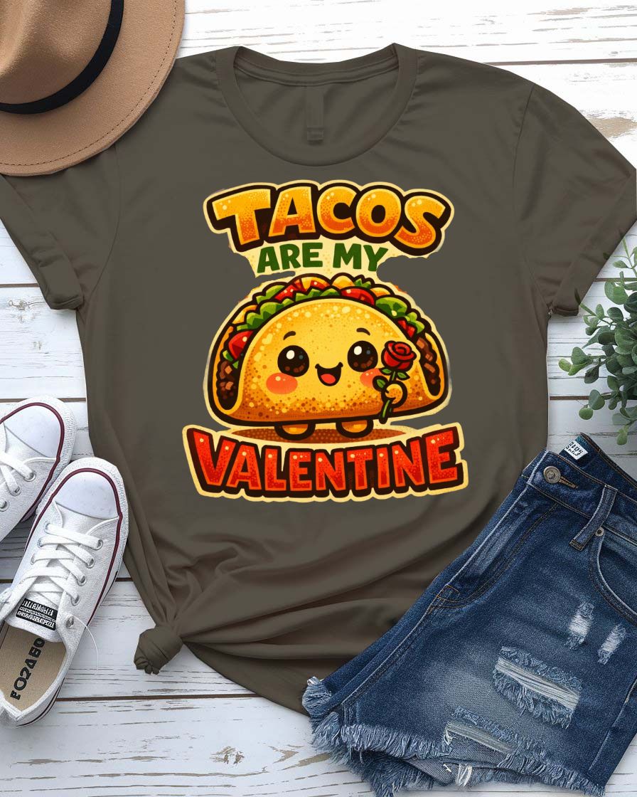 Tacos Valentine Tee with a smiling cartoon taco and punny love text