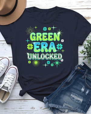 Green Era Unlocked St. Patrick's Day Tee with shamrock progress bar on model
