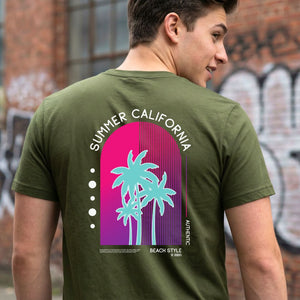 California Summer Streetwear Tee with vintage sunset and palm trees on model