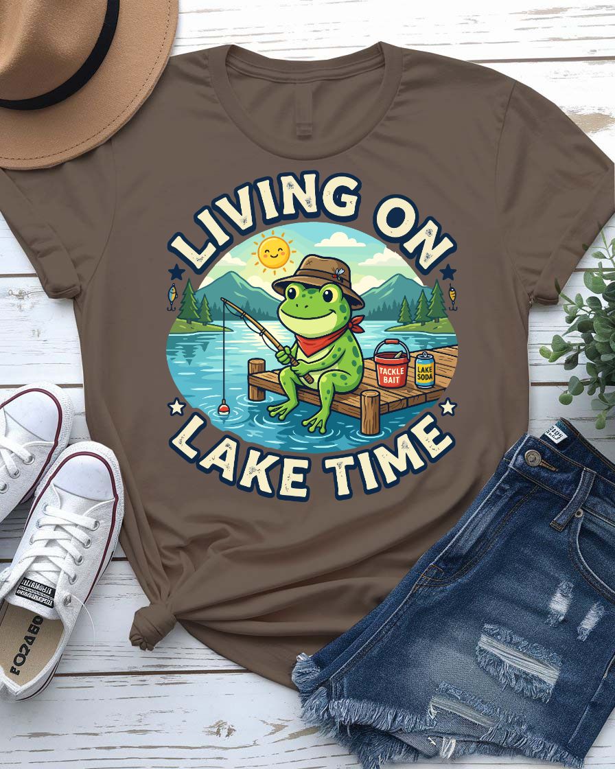 Living on lake time tee pine trees sunset graphic