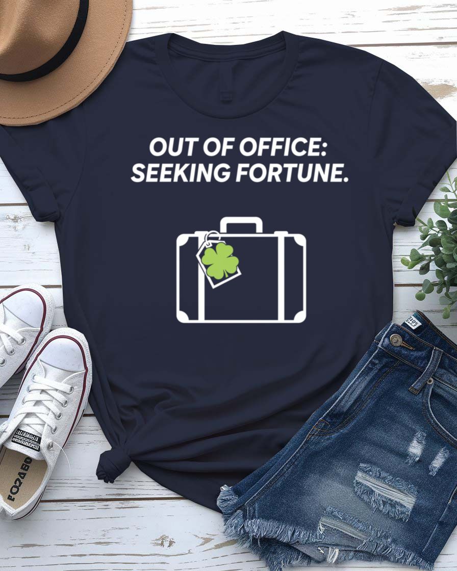 Out of Office Seeking Fortune St. Patrick's Day Tee with shamrock laptop on model