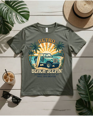 Retro beach jeepin tee vintage jeep surfboards coastal highway