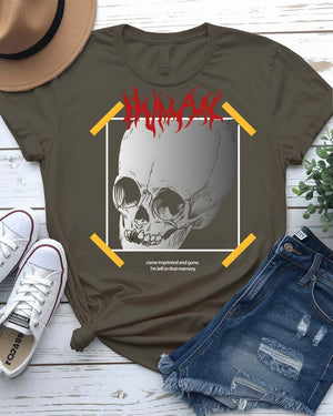 Skull Streetwear T-Shirt with geometric cracked skull and gold accents on model