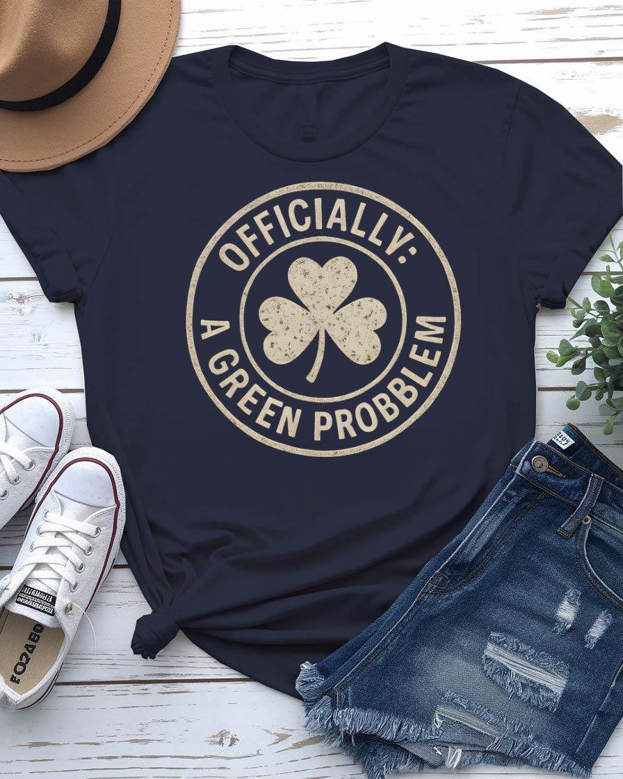 Officially A Green Problem St. Patrick's Tee with warning label design on model
