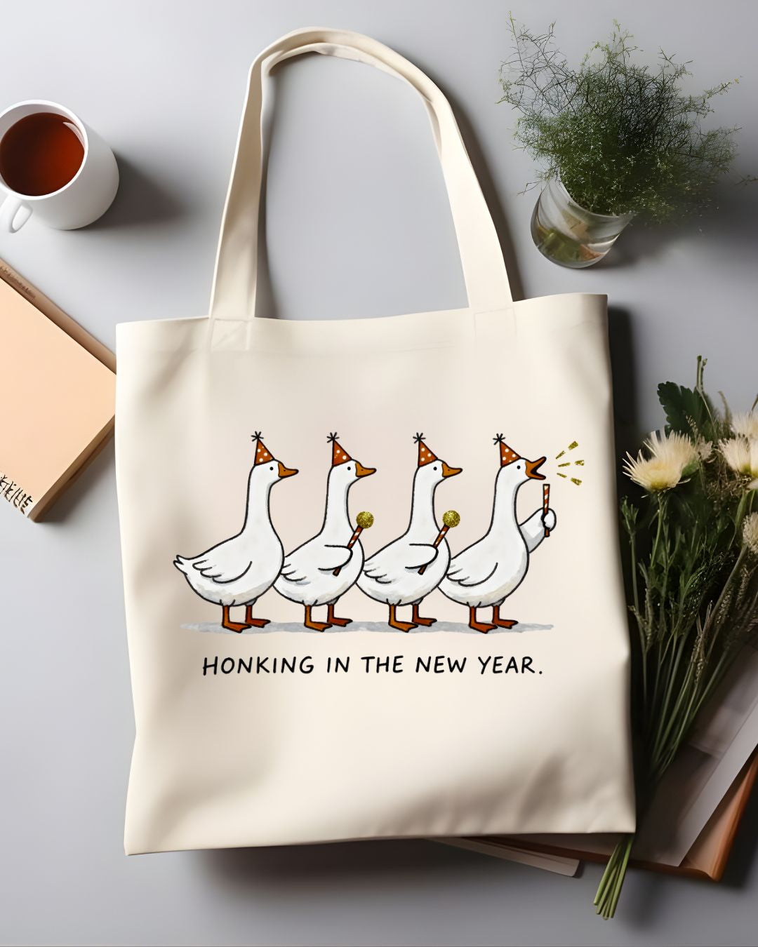 Honking In New Year Funny Cartoon Goose Tote Bag