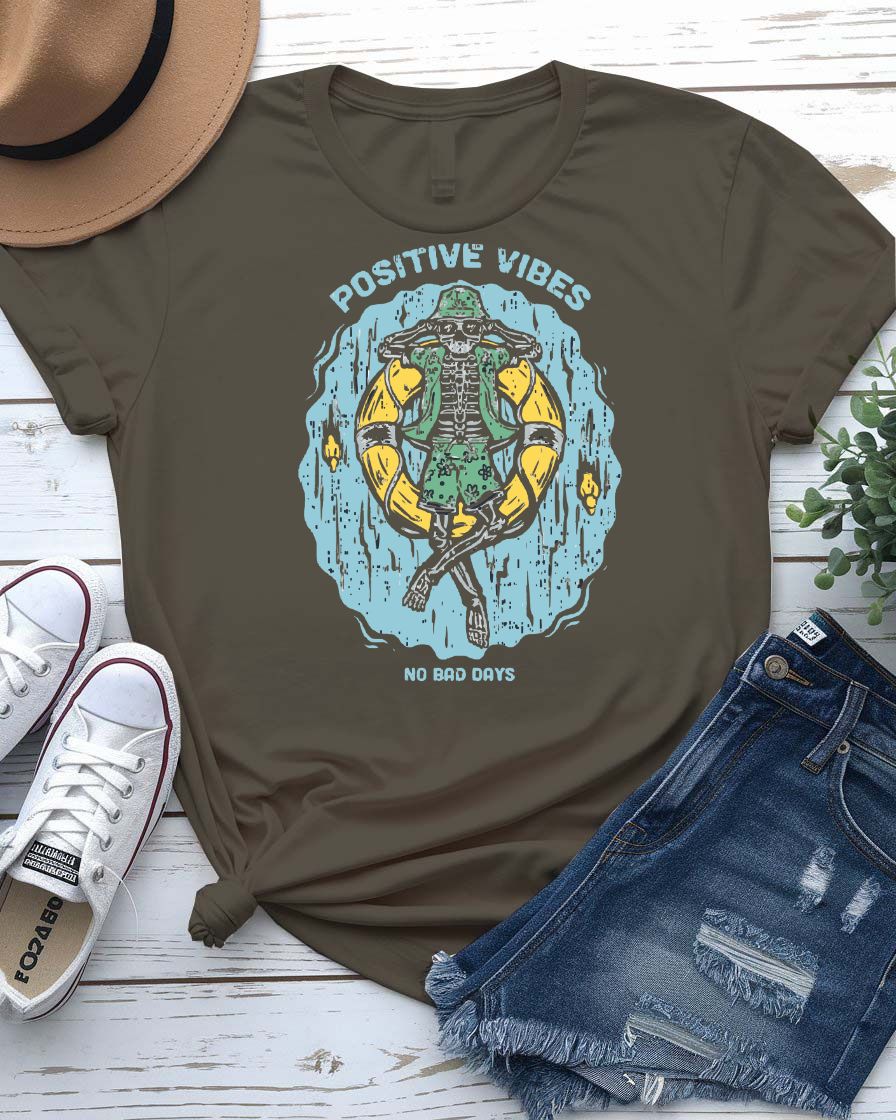 Positive Vibes streetwear tee with minimalist sunburst graphic on model