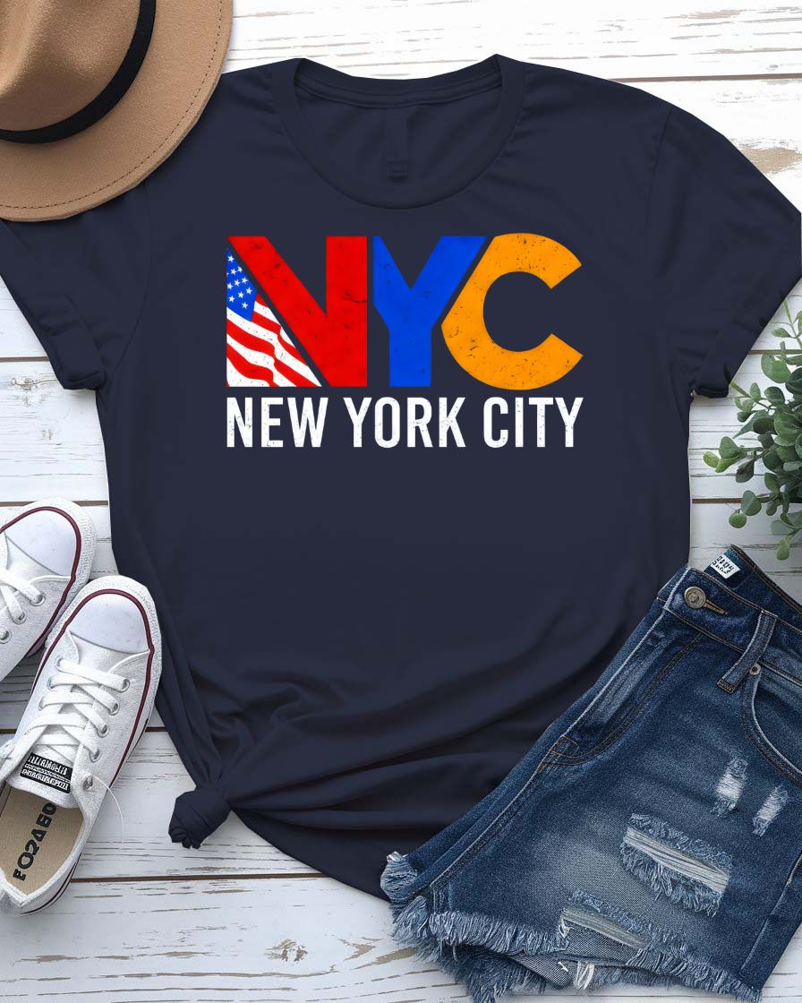 NYC Streetwear T-Shirt with geometric five boroughs map on model