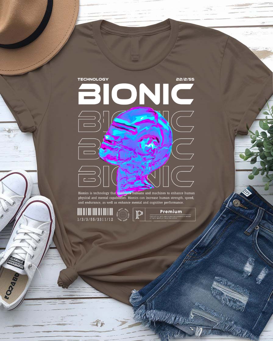 Bionic Streetwear Tee with cybernetic human silhouette on model