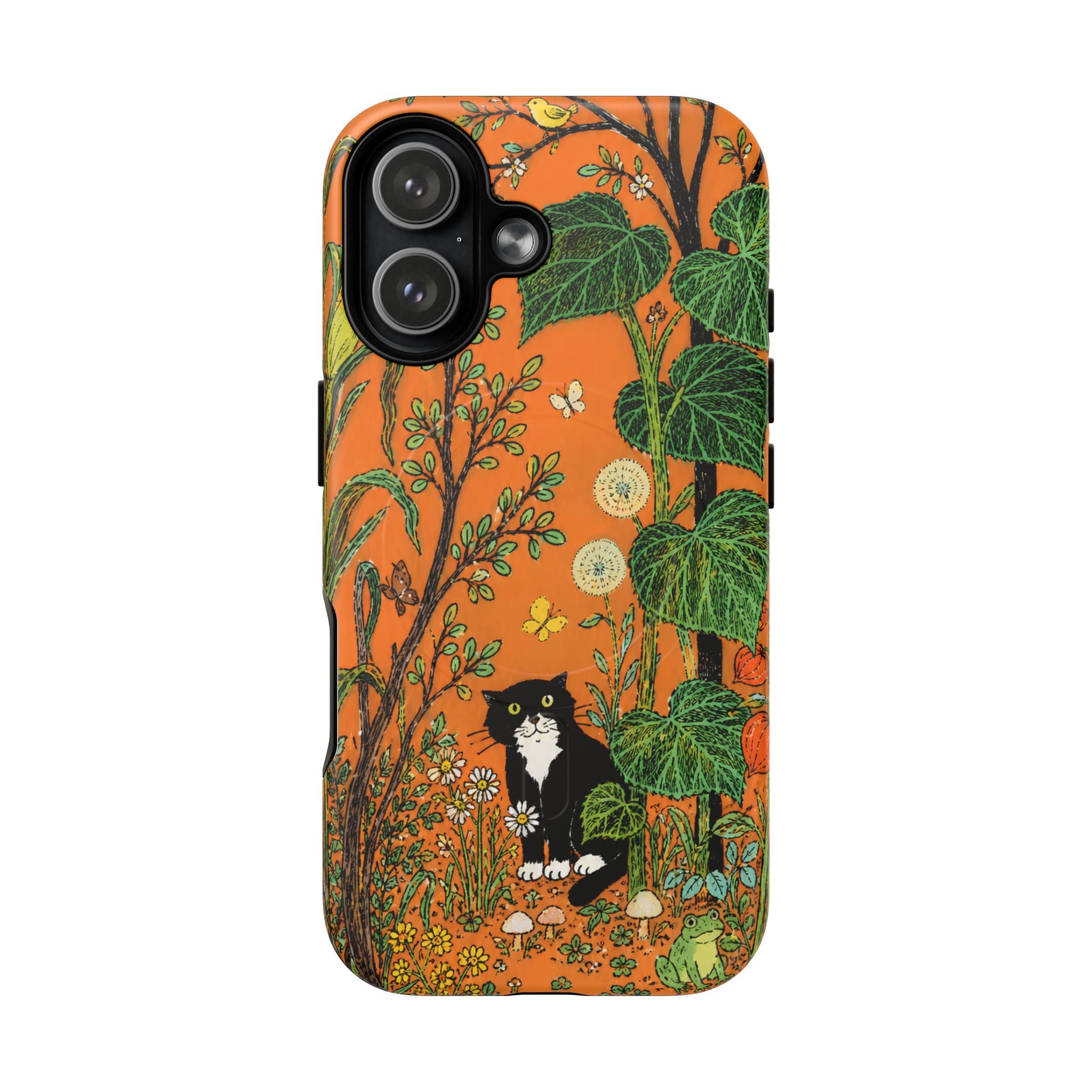 Botanical Black Cat Tough Magnetic Phone Case — Orange Floral Protection