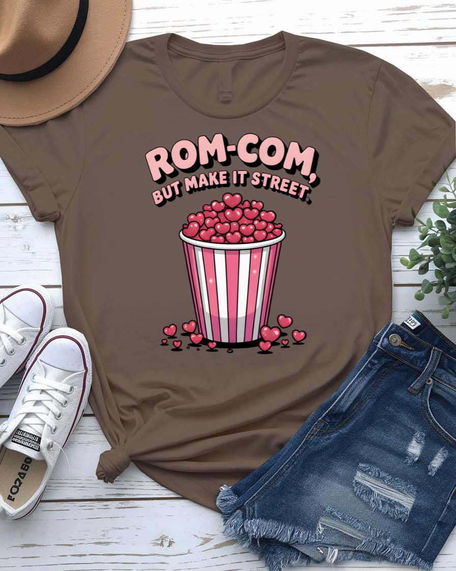 Rom-Com Valentine t-shirt with witty "In My Rom-Com Era" text and heart