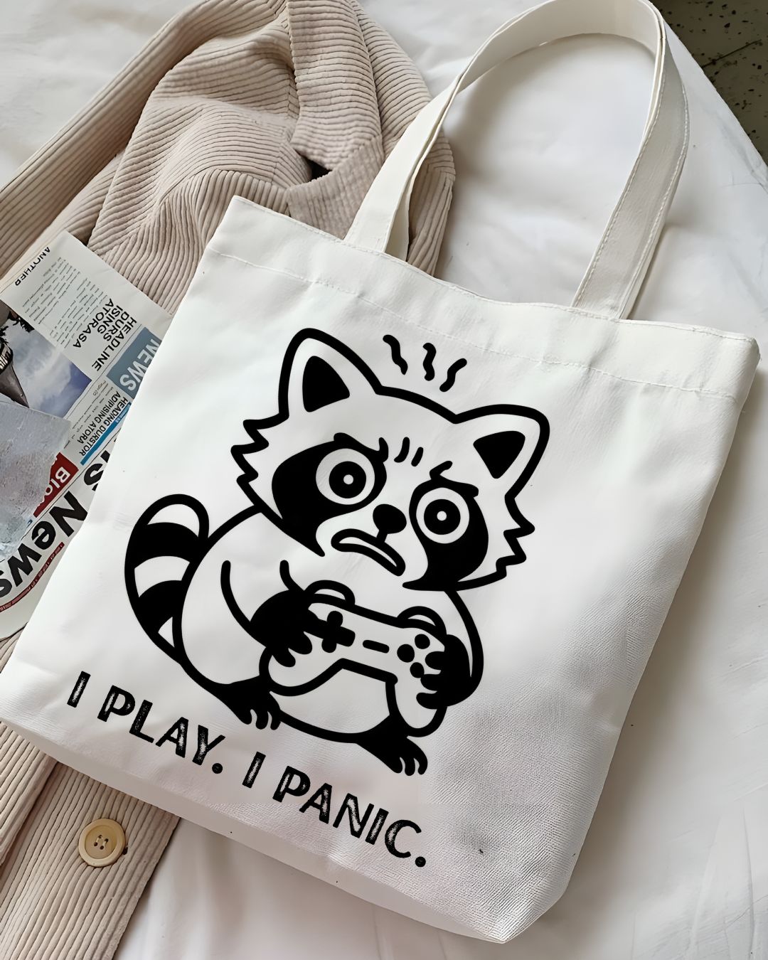 "I Play I Panic" Funny Gamer Animal Meme Tote Bag