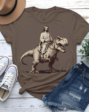 Jesus at T-Rex t-shirt featuring a classical painting of Jesus with a Tyrannosaurus