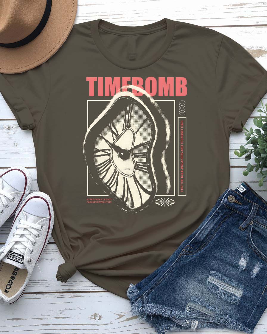 Time Bomb Streetwear Tee with cracking clock face on model