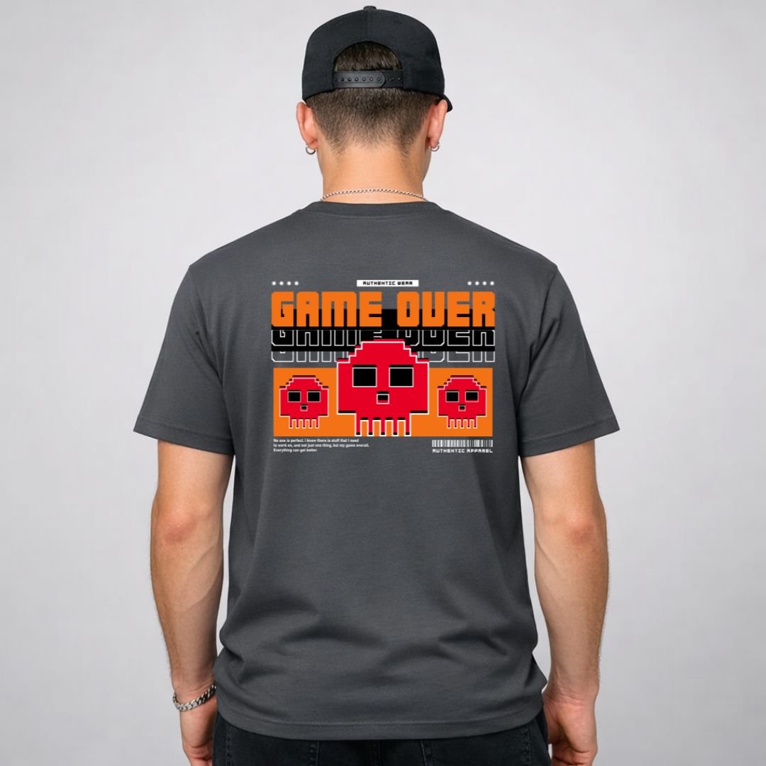Game Over Gamers Tee with pixelated retro screen on model
