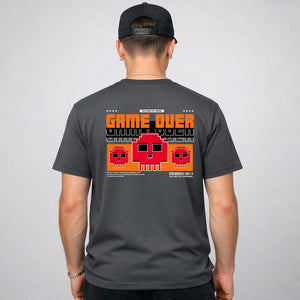 Game Over Gamers Tee with pixelated retro screen on model