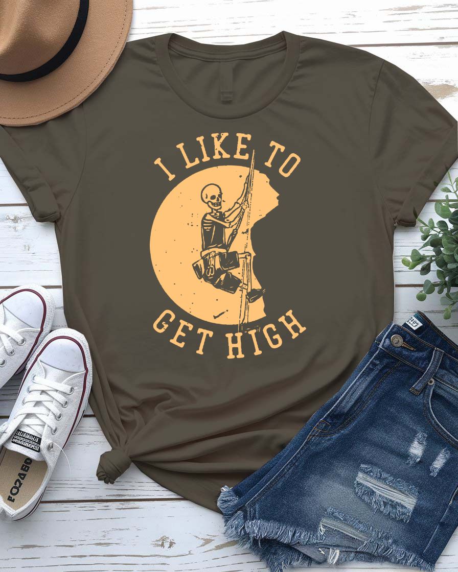 I Like to Get High Urban Style Tee with figure soaring above skyline on model