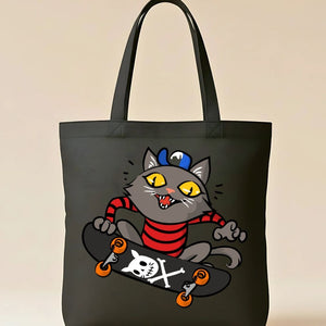 Skate Cat Graphic Cotton Canvas Tote Bag - Reusable Grocery Tote