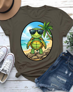 Beach bum turtle tee with sunglasses drinking coconut
