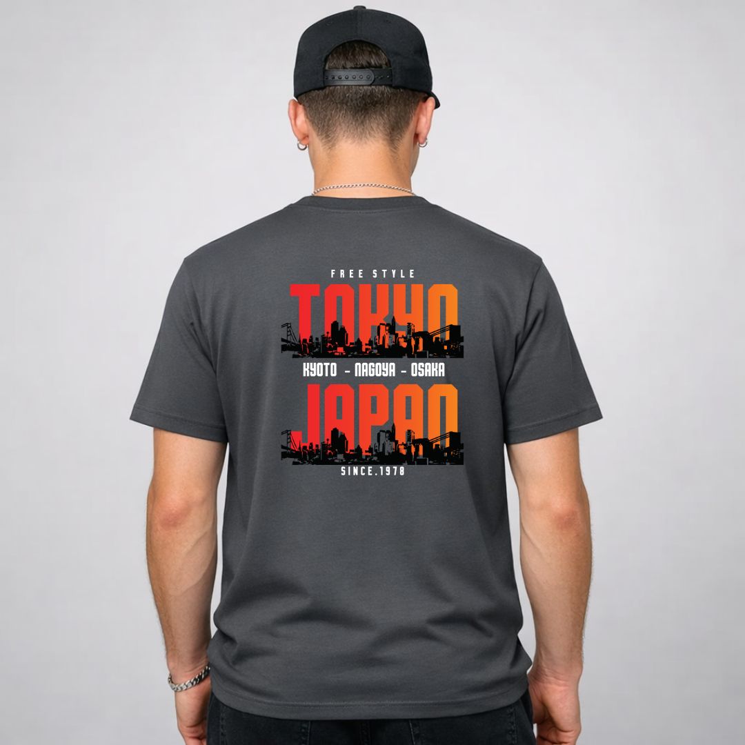 Tokyo Japan Streetwear Tee with neon skyline and Mount Fuji on model