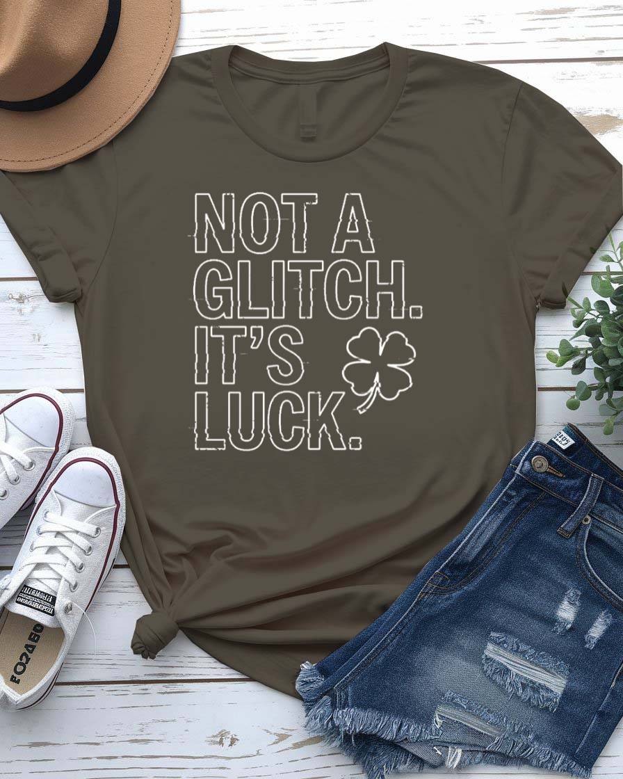 Not a Glitch It's Luck St. Patrick's Day Tee with shamrock error message on model