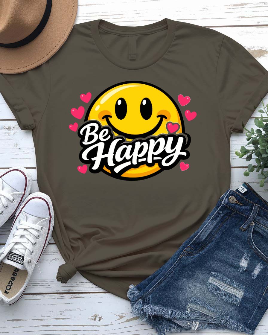 Be happy design tee smiling sun cheerful lettering graphic