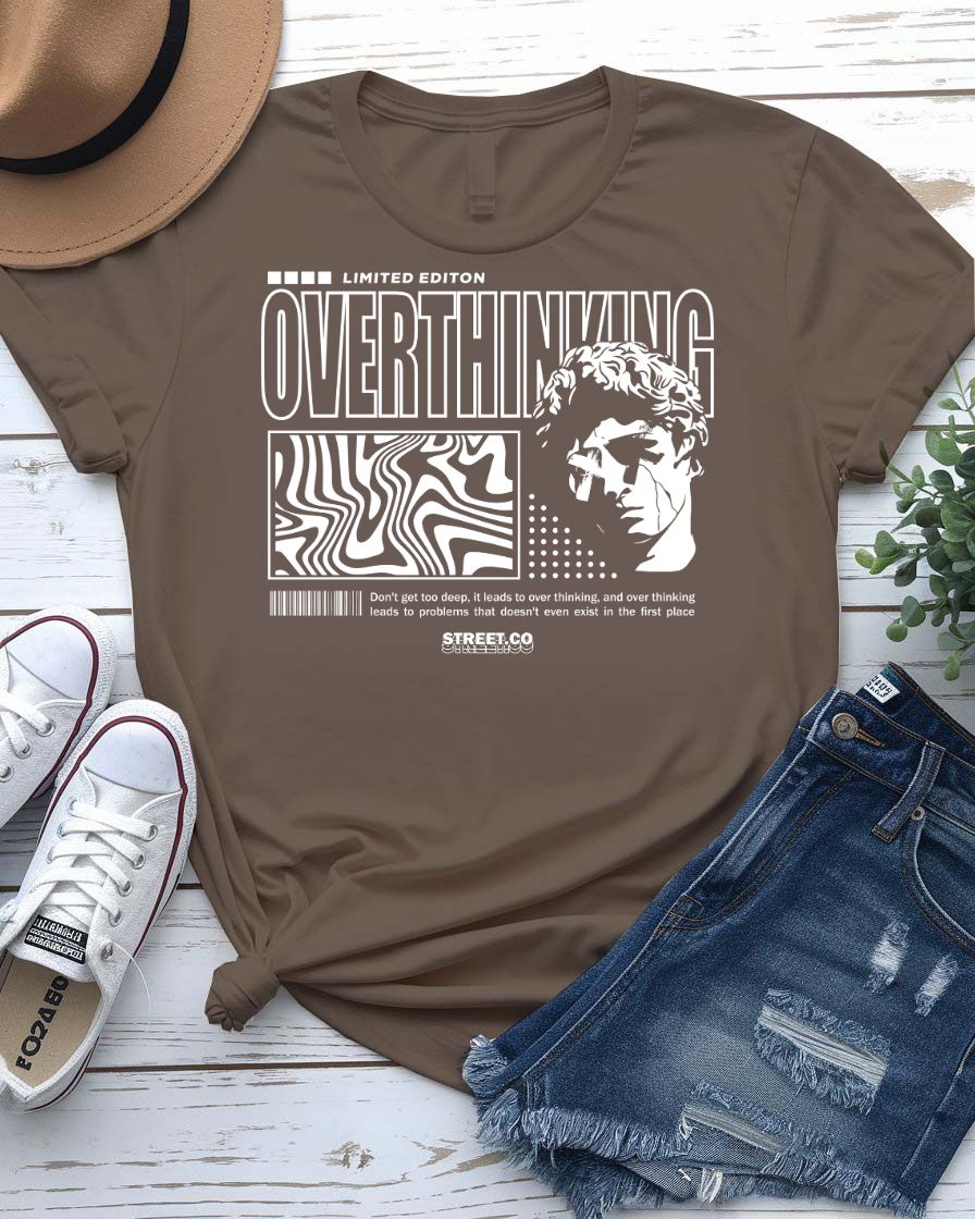 Overthinking Urban Style Tee with tangled brain spiral graphic on model