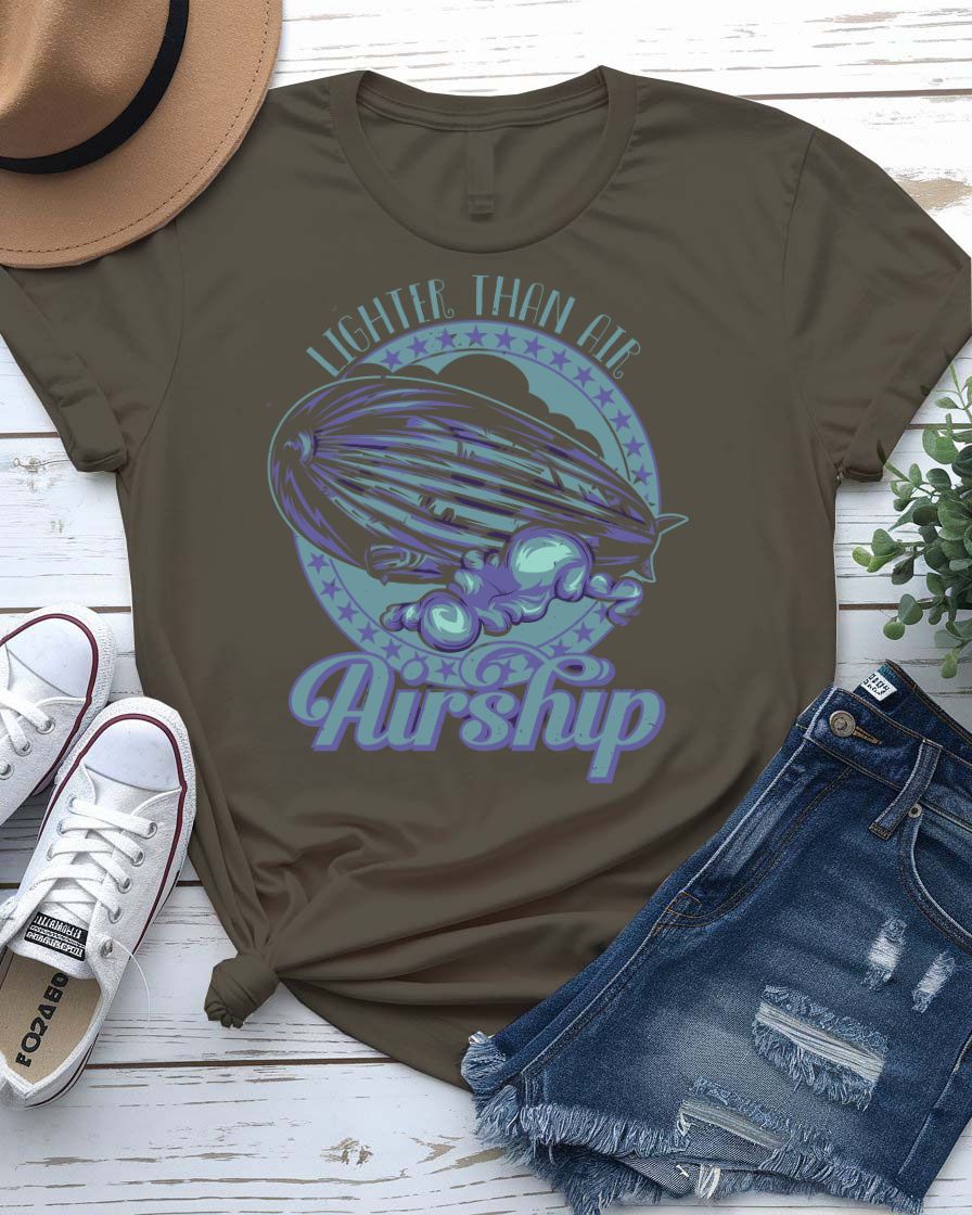 Air Ship Tee with vintage zeppelin drifting through clouds on model