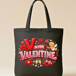 "V is For Valentine" typographic tote bag on natural canvas