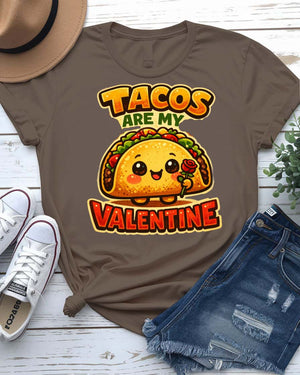 Tacos Valentine Tee with a smiling cartoon taco and punny love text