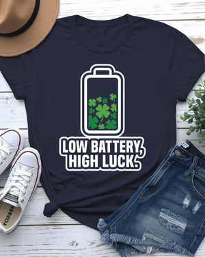Low Battery High Luck St. Patrick's Day Tee with 2% shamrock phone on model