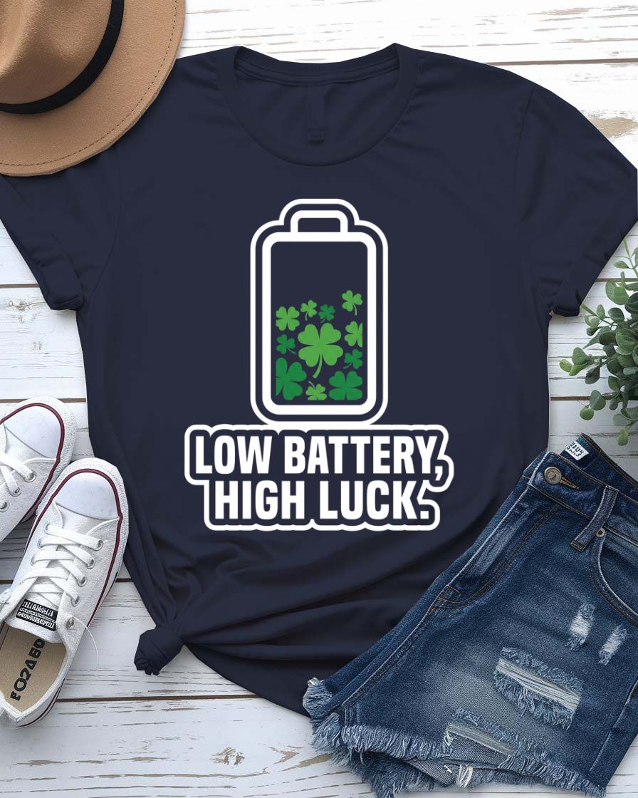 Low Battery High Luck St. Patrick's Day Tee with 2% shamrock phone on model