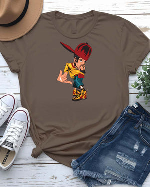 Hat Man Streetwear Tee with shadowy figure in wide-brim hat amid fog on model