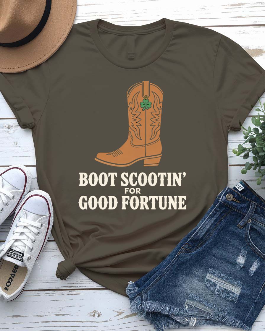 Boot Scootin' St. Patrick's Day Tee with dancing boots and shamrock trails on model