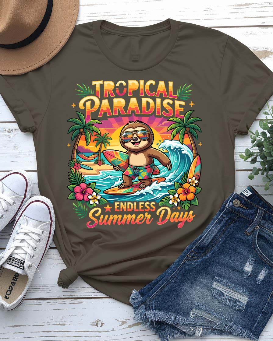 Tropical paradise summer t-shirt sunset palm tree turquoise water